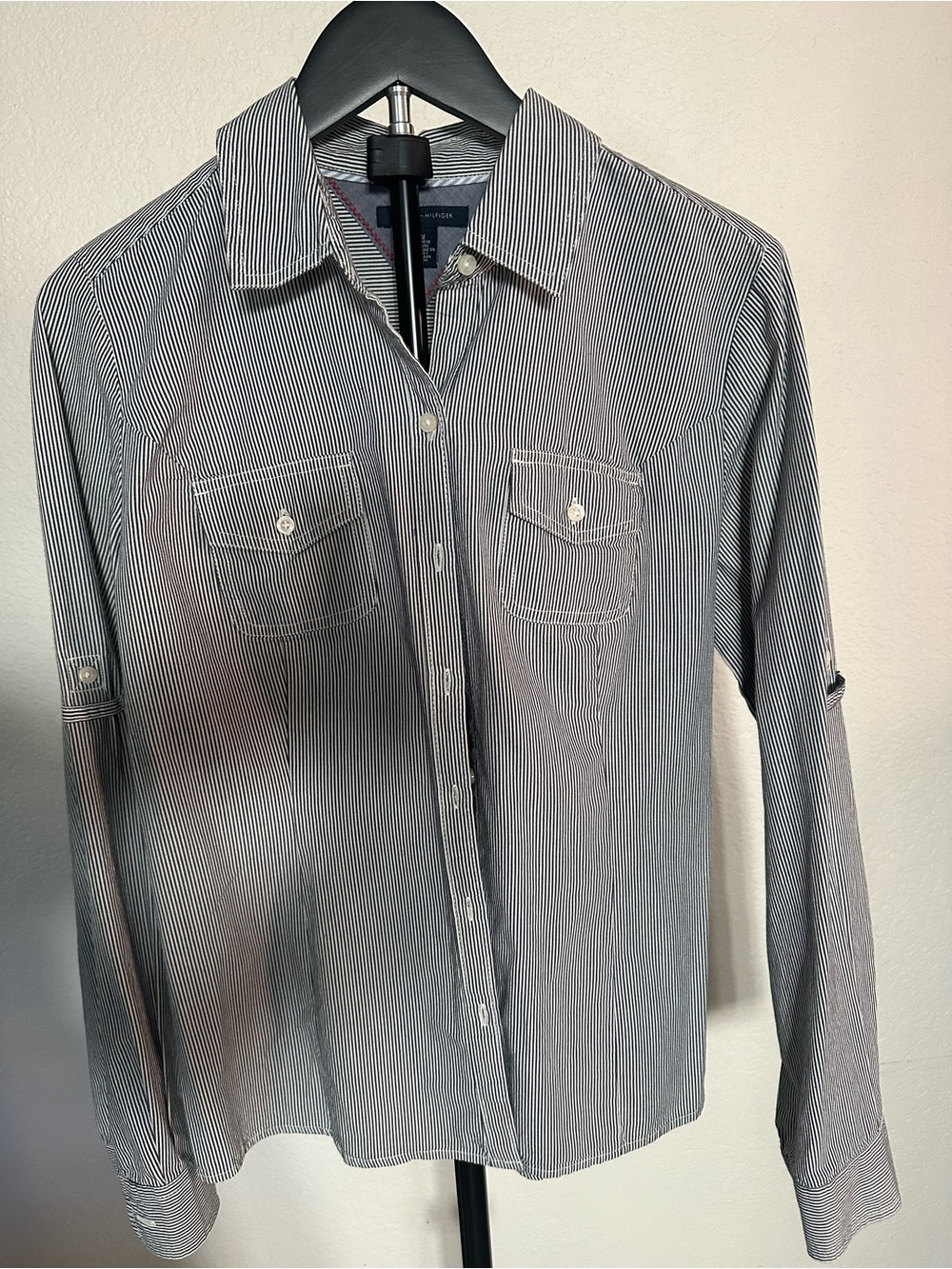 Tommy Hilfiger Women’s Navy and White Pinstripe Button-Down Shirt